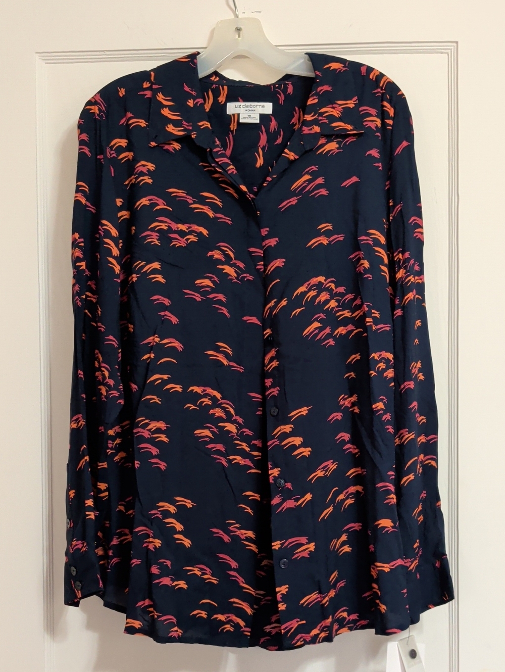 Liz Claiborne Navy Button-Front Shirt with Coral & Pink Brush Strokes Size 1X